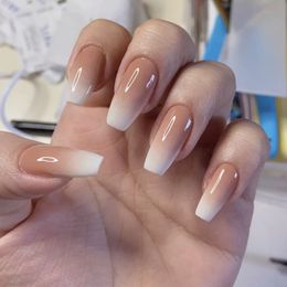 24pcs Set Fashion Ballet False Nails Short Design Nude White Gradient Artificial Full Manicure Nail Accessories Tips with Glue