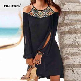 Summer Hollow Out Long Sleeve Beach Dress Women Fashion O-Neck Loose Mini Dress Elegant Butterfly Print Party Dress Vestido 3XL X0521