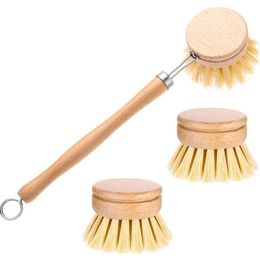 Natural Wooden Long Handle Pan Pot Brush Dish Bowl Washing Cleaning Brush & Replacement Brush Heads Household Kitchen Cleaning Tools SN2441