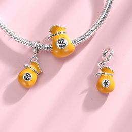 2021 New 925 Sterling Silver Symbol of Wealth Money Bag Orange Enamel Round Charm Fits for Original Bracelet Bangle Making DIY Q0531