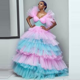 Colorful African Ball Gown Prom Dresses With Layered Tulle Tiered Skirt Girla Quinceanera Dress Ruched Long Formal Plus Size Evening Gowns