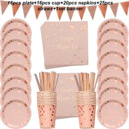 78pcs/set Rose Gold Party Disposable Tableware Set Rose Gold Cup Plates Straws Adult Birthday Party Decor Bridal Shower Supplies 211216