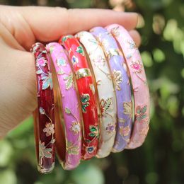 Colorful Enamel Filigree Women Floral Bangles Jewelry Chinese Cloisonne Hard Bracelets Fashion Jewellery Accessories Gift