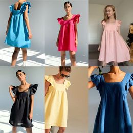 Muiches Casual Square Collar Butterfly Sleeve Mini Sweet Dress Woman Backless High Waist Loose Linen Solid Dress 2021 Summer X0629