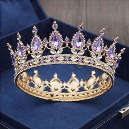 Gold Purple Queen King Bridal Crown For Women Headdress Prom Pageant Wedding Tiaras and Crowns Hair Jewelry Accessories 210707
