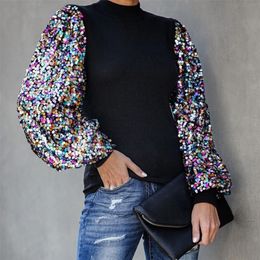 Women Sequins Tops And Blouses Autumn Winter Puff Sleeve Turtleneck Casual Shirt Solid Black Long Sleeve Camisa De Mujer D30 210225