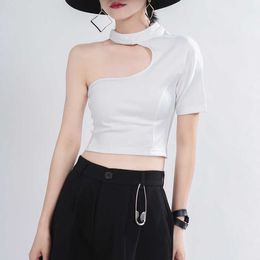 VANOVICH Stand Collar Hollowed Women T Shirts Summer Short Sleeve Strapless High Waist Sexy Shirt 210615