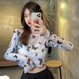 QNPQYX Cool Sexy Butterfly Summer Shirts Protection Female Mesh Long Sleeve Base Shirt Lace Top Perspective T-Shirt for Women