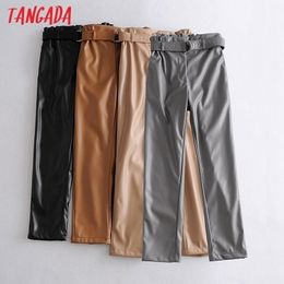 Tangada women black faux leather suit pants high waist pants with sashes pockets office ladies pu leather trousers JE78 201118