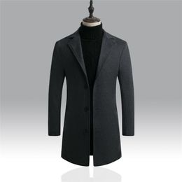 Men Winter Wool Coat Men's Fashion Solid Colour Wool Blends Woollen Pea Coat Male Trench Coat Overcoat Long Jacket 211122