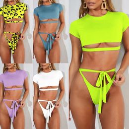 Women's Swimwear Crop Top Sports Bikini 2021 Leopard Women Bathers Hollow Out Brazilian Swimsuit Female Bandage T-shirt Thong