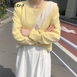 Yitimuceng Knited Women Sweaters Oversized Straight Spring Fall Korean Fashion Solid Green Yellow Black Short Sleeve Tops 210601