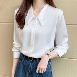 Korean Women Silk Shirts White Shirt Woman Long Sleeve Satin Blouse Chiffon Blouses Plus Size Ladies Tops XXL 210604