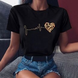 Zogankin Leopard Heartbeat Graphic T Shirts Print Women Black Cotton Casual Summer Fashion Shirt 90s Yong Girl Tops