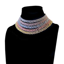 Cuba Thick Chain Necklace, 9mm, Ice Hip-hop Jewelry, Bright Blue, Pink, Cubic Zircon Gold and Silver, Men's and Women's Colour Necklace Q0809