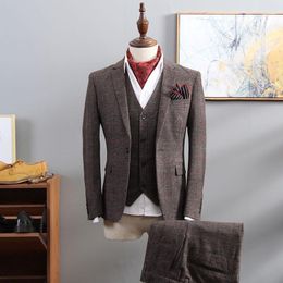 British Style Suit Men 3 Piece Plaid Blazer Trend Groom Wedding Suits Tuxedo Business Formal Dress Men's Smoking Uomo1