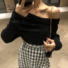 Spring Autumn off Shoulder Women Sweaters Elegant Vintage Knitted Solid Jumper High Stretch Top C-077 210218