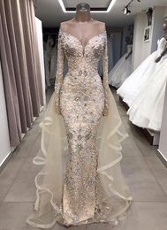 2021 Luxury Bling Evening Dresses Wear for Women Mermaid Jewel Neck Crystal Beading Long Sleeves Detachable Train Overskirts Floor Length Prom Dress Party Gowns