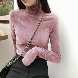 Women's T-Shirt T-shirts Women Thick Velvet Turtleneck Long Sleeve Slim England Casual Streetwear Vintage Korea Warm FemmeTops