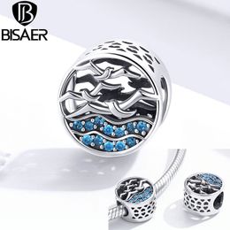 Seagulls Silver Beads BISAER 925 Sterling Silver Blue Cubic Zircon Charms for Original Silver 925 Jewellery Making ECC1454 Q0531