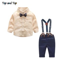 Top and Top Formal Baby Boy Clothing Set Autumn Stripe Long Sleeve Bow Tie T-shirt+Suspenders Pants Cotton Baby Clothes 210309