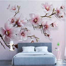 Modern minimalist hand-painted 3D lilies pink background wall custom large mural wallpaper papel de parede para quarto
