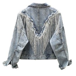 PERHAPS U Women Light Blue Denim Jacket Turn Down Collar Long Sleeve Button Tassel Short Jacket C0513 210529