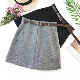 Spring Arrival Vintage Temperament High Waist A-line Office Skirts Womens With Belt Woolen Mini Skirt Free 210619