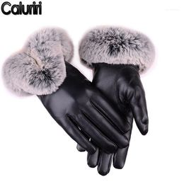 Caluriri Thick Winter Gloves Women Lady Black PU Leather Autumn Warm Fur Mittens Touch Screen Warm1