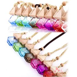 Glass Car Perfume Bottle Essential Oil Diffuser 9 Colors Bag Clothes Ornaments Air Freshener Pendant Empty Glass Bottles With Wooden Caps Hanging