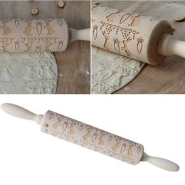Easter Dedicated Rolling Pin Engraved Bunny Egg Carrot Dough Emossing Roller for Pancake Pizza Non Sticky Wood Rolling Pin 211008