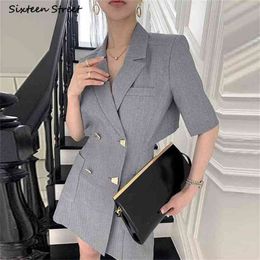 Elegant Grey Dress Woman Double Breasted Notched Collar Vestido Female Korean Business Party es Clothing 210603