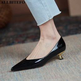 ALLBITEFO pointed toe golden heel real genuine leather women heels shoes fashion casual square toe high heel shoes high heels 210611