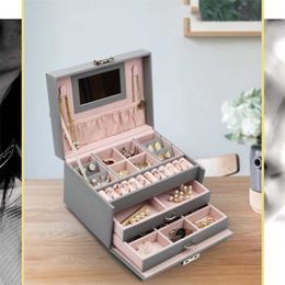 3-layers PU Jewelry Organizer Large Ring Necklace Makeup Holder Cases Leather Box With Lock For Women 211105