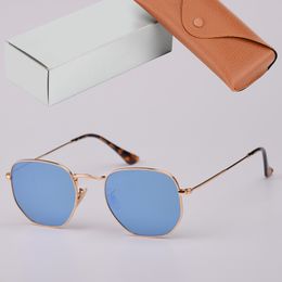 Top Quality Hexagonal Sunglasses Men Women flat Glass Lenses Sun Glasses for Man Woman with Leather Case