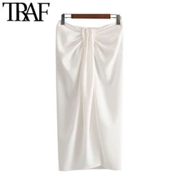 TRAF Women Chic Fashion Office Wear Knotted Wrap Midi Skirt Vintage High Waist Back Zipper Slit Female Skirts Faldas Mujer 210309