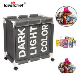 ICESTCHEF 3 Grid Waterproof Laundry Basket With Wheels Laundry Hamper With Cover Dirty Cloth Basket Lid Bathroom Storage 210316