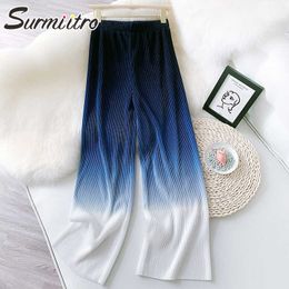 SURMIITRO Summer Long Pleated Wide Leg Pants Women Korean Style Floor Length Blue Gradient High Waist Trousers Female 210712