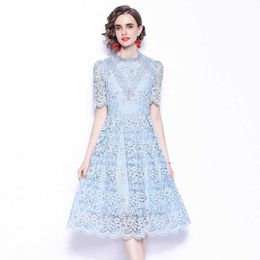 Arrival Runway Summer Party Lace Short Sleeve Dress Women's Mesh Floral Embroidery Hollow Out Elegant Vestido 210529