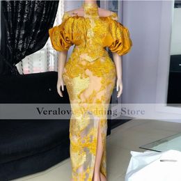 Yellow Aso Ebi African Evening Dress Mermaid Full Lace Halter Neck Long Prom Gowns Robe De Soiree