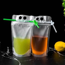 17oz Clear Drink Pouches Bags Handheld Frosted Zipper Standup Drinking Bag Bottom Gusset with Plastic Straws W0009