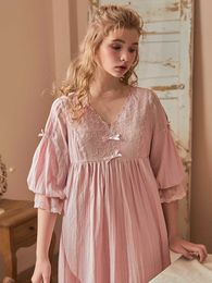 Vintage Cotton Women's Long Nightgowns Spring Summer Half Sleeve V- Neck Princess Holiday Elegant Night Dress Home Sleepwear 210924
