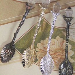 Spoons Alloy Crystal Retro Coffee Tea Spoon Carved Flower Small Spoonful Dessert Teaspoon Home Kitchen Kitchenware Tableware