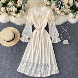 Spring Summer Fashion A-line Dress Women's Sweet V Neck Ruffled Long Sleeve Slim Lace Elegant Vestidos De Mujer Q731 210527