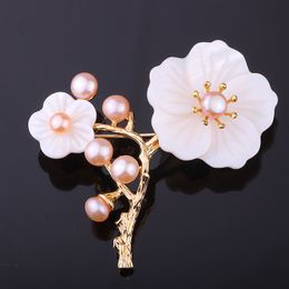 FARLENA Jewellery Exquisite Natural Shell Plum Corsage for Women Dress Hat Accessory Elegant Freshwater pearls Brooch Pins