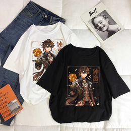 Zhongli Genshin Impact Action Role-playing Game Clothes Print T Shirt Crewneck Cotton TShirt Big Size for men y2k Streetwear top Y0901