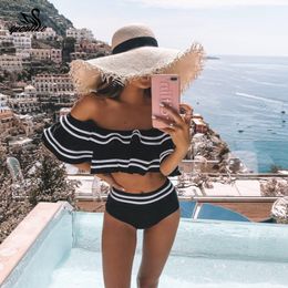 High Waist Bikini Set 2021 Sexy Off Shoulder Swimwear Women Swimsuit Ruffle Bathing Suit Beachwear Biquini female 210305