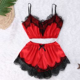 Sexy Pyjamas Sets V Neck Sleeveless Lace Bowknot Shorts Sleepwear for Women Fashion Casual Nightwear Bielizna Damska Size S-2XL Q0706