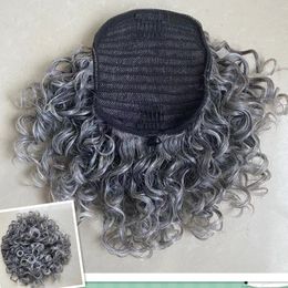 Silver grey human hair pony tail hairpiece wrap around Dye free natural hightlight salt and pepper short long loose wave Grey ponytail