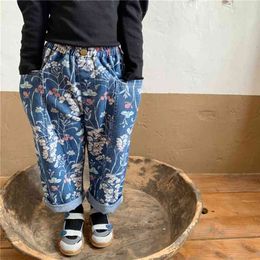 Autumn girls fashion floral printing jeans retro style wide leg denim pants 210708